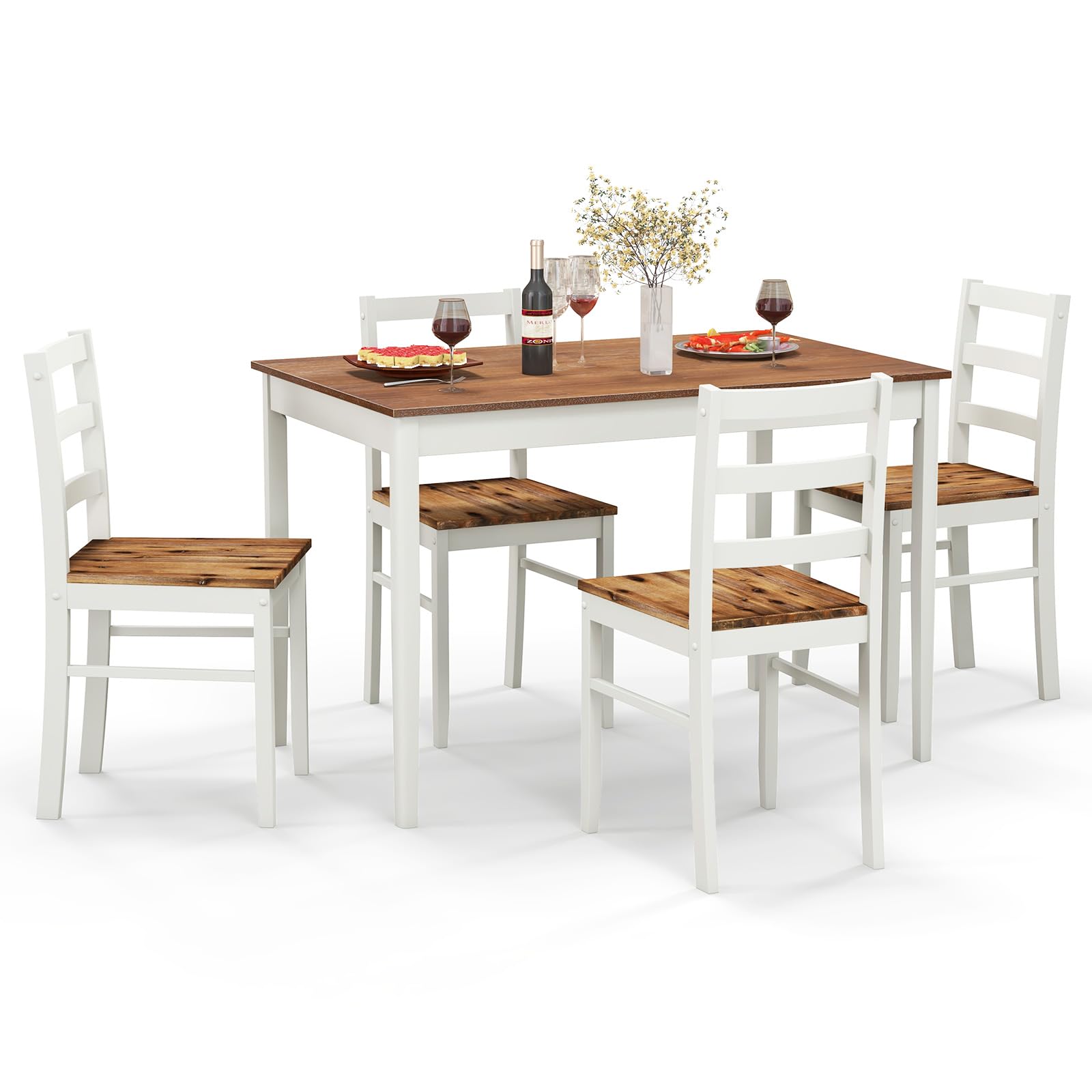 Tangkula 5-Piece Dining Table Set for 4, Farmhouse Solid Wood Dinette Set w/Rubber Wood Legs